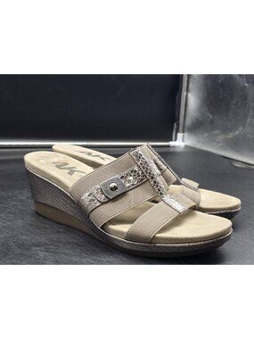Anne Klein Sandals Womens Size 8 Beige Wedge Slide Animal Print Comfort Shoes